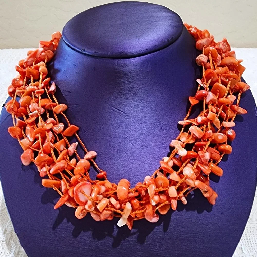 Artisan Mid-Century MCM Orange Coral Abalone Shell 10-Strand Statement Necklace